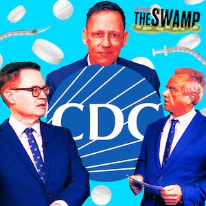 A photo illustration of Health Secretary Robert F. Kennedy Jr., right, swearing in Jim O’Neill as his deputy, the CDC logo, and Peter Thiel.