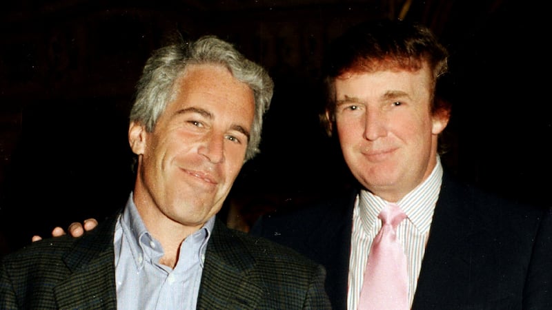 Portrait of American financier Jeffrey Epstein (left) and real estate developer Donald Trump as they pose together at the Mar-a-Lago estate, Palm Beach, Florida, 1997.