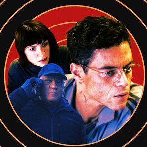A photo illustration of Caitriona Balfe, Laurence Fishburne, and Rami Malek.