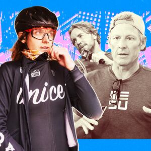 A photo illustration of Austin Killips, Dax Shepard, and Lance Armstrong.