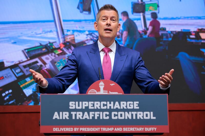 WASHINGTON, DC - MAY 01: U.S. Transportation Secretary Sean Duffy holds a news conference about adding more air traffic controllers to the workforce at the DOT headquarters on May 01, 2025 in Washington, DC. Counter to the Trump Administration's historic layoffs of federal workers, Duffy announced incentives to train new air traffic controllers and to retain controllers that may be close to retirement.  (Photo by Chip Somodevilla/Getty Images)