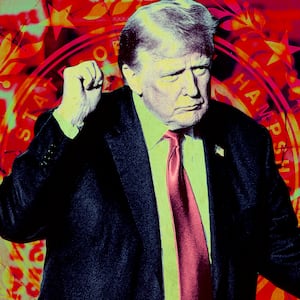 A photo illustration of former President Donald Trump at a New Hampshire rally.