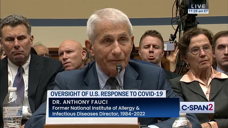 Brandon Fellows, right, makes faces as Dr. Anthony Fauci testifies during a congressional hearing.