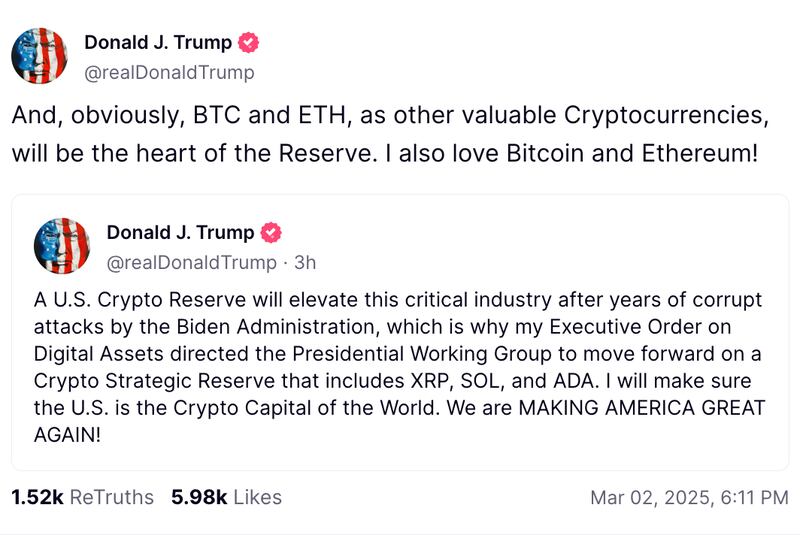 A Truth Social post by Donald Trump from Sunday, March 2, 2025.