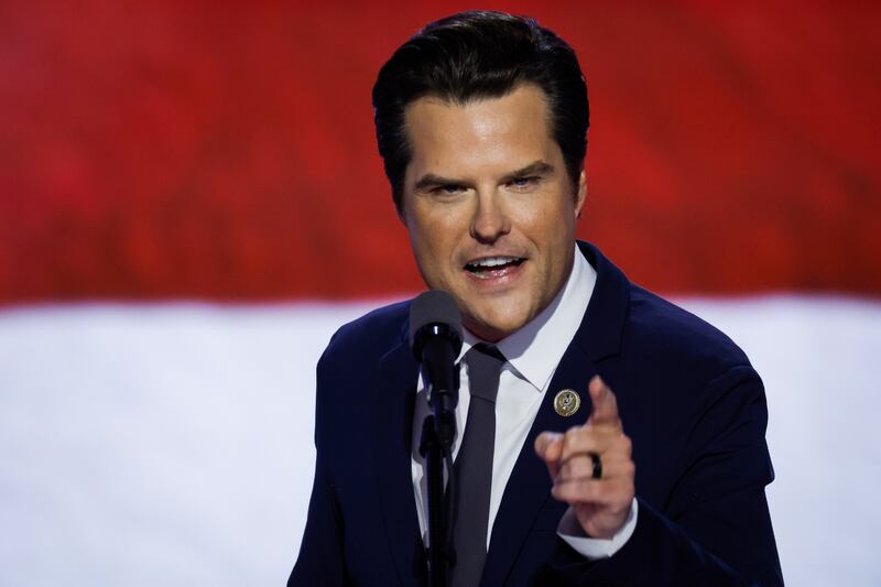 Matt Gaetz walks on stage on the third day of the Republican National Convention at the Fiserv Forum on July 17, 2024 in Milwaukee, Wisconsin.