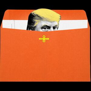 An illustration including a photo of former U.S. President Donald Trump and a manilla envelope