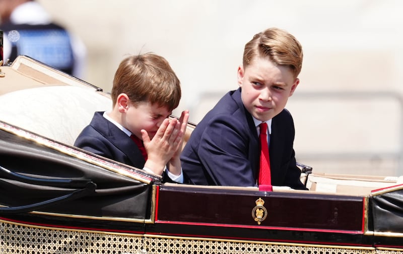 Prince Louis (left) and Prince George arrive back at Buckingham Palace after Trooping the Colour ceremony in central London as King Charles III celebrates his official birthday. Picture date: Saturday June 14, 2025. (Photo by Aaron Chown/PA Images via Getty Images)