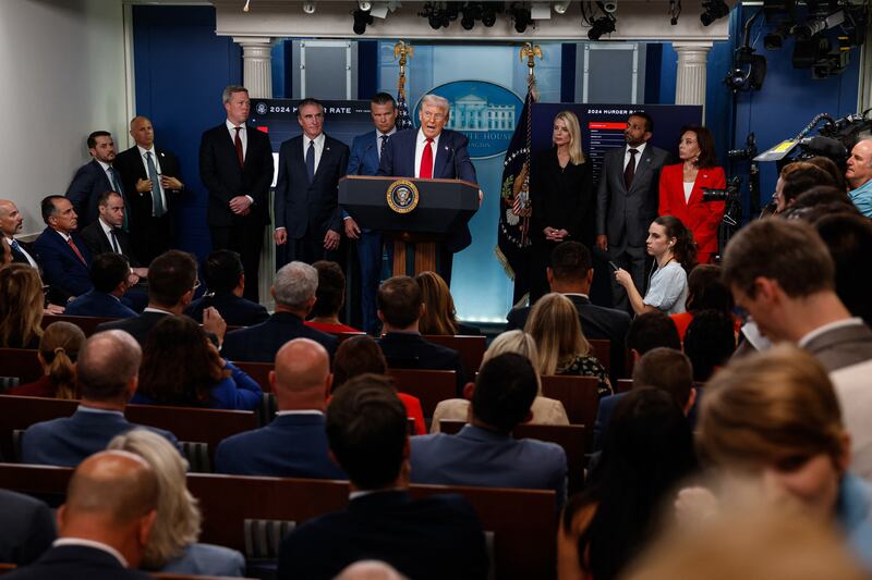 President Donald Trump speaks during a press conference on August 11, 2025 in Washington, D.C., announcing plans to place the D.C .Metropolitan Police Department under federal control and deploy the National Guard to assist in crime prevention efforts in the nation's capital.