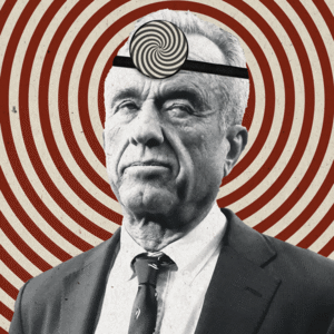 RFK Jr. wearing a doctor mirror with a hypnotizing spiral