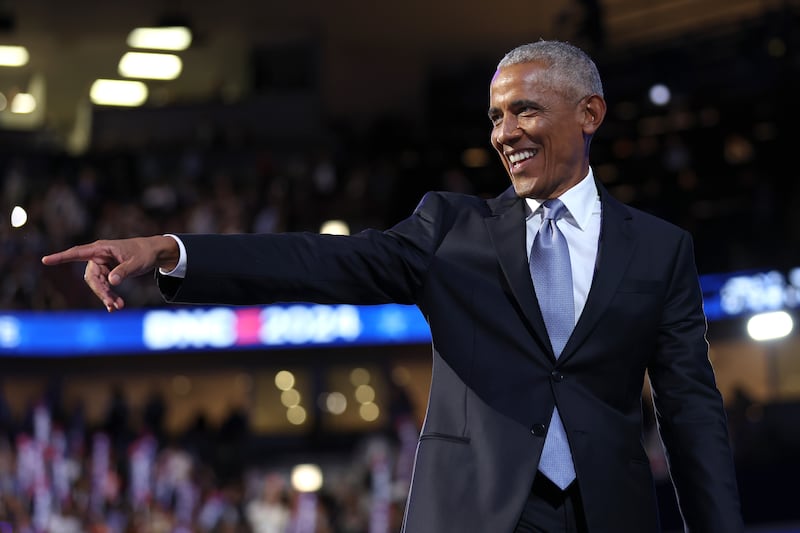 Former U.S. President Barack Obama departs after speaking on stage during the second day of the Democratic National Convention at the United Center on August 20, 2024 in Chicago, Illinois.  Barack Obama raised a reported $85 million for Democrats during the 2024 cycle.