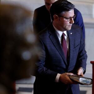 U.S. Speaker of the House Mike Johnson (R-LA) holding a Bible