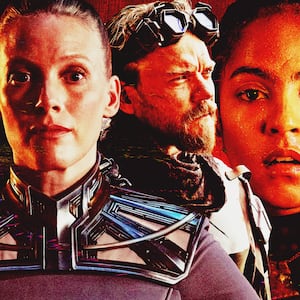 Cassian Bilton, Laura Birn, Pilou Asbæk, and Lu Llobell in Foundation Season 3.
