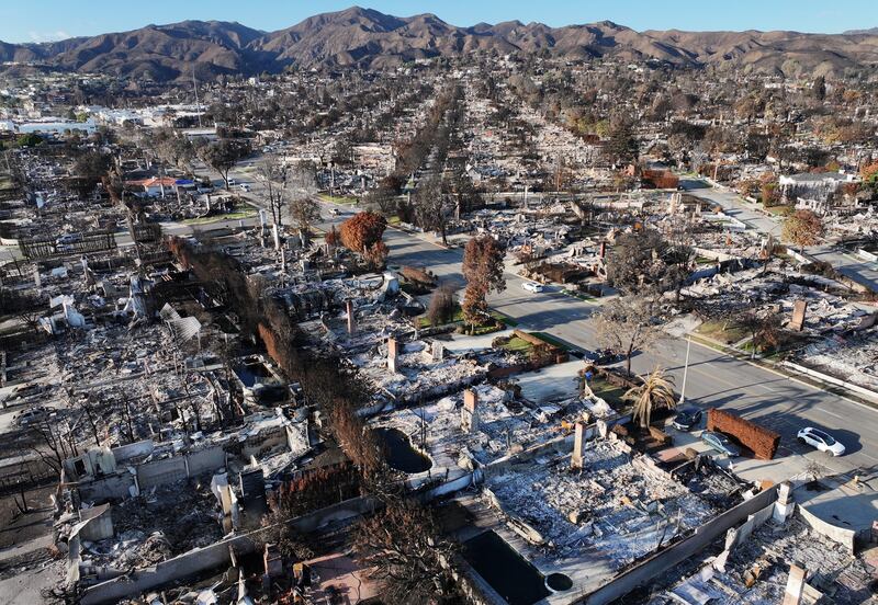 An aerial view shows homes destroyed in the Pacific Palisades, California