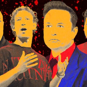 A photo illustration of Jeff Bezos, Mark Zuckerberg, Elon Musk, and Sam Altman.