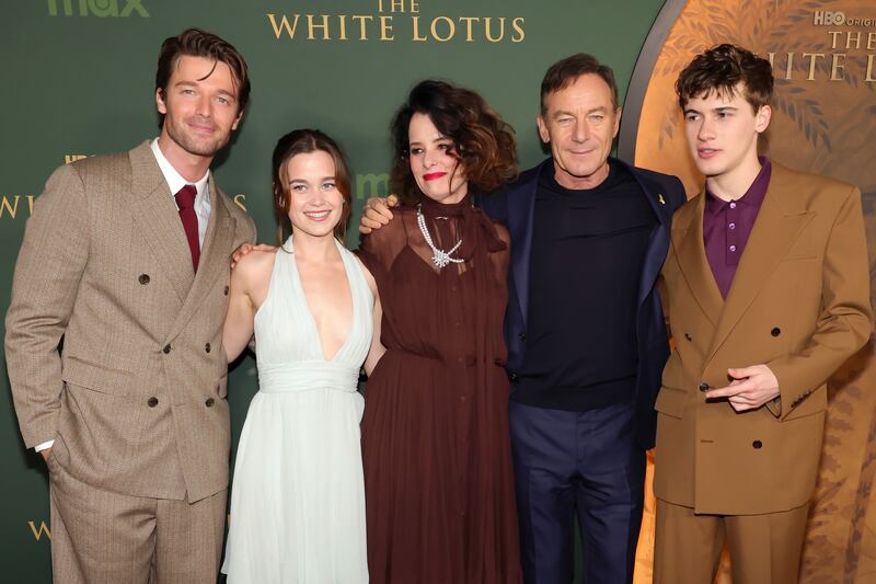 (L-R) Patrick Schwarzenegger, Sarah Catherine Hook, Parker Posey, Jason Isaacs and Sam Nivola attend the Los Angeles Premiere of HBO Original Series "The White Lotus" Season 3 at Paramount Theatre on February 10, 2025 in Los Angeles, California.