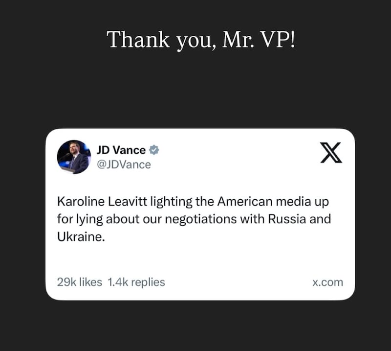 Karoline Leavitt's Instagram story, responding to Vance's praise.