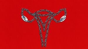Illustration of a uterus made out of chains with "I voted" stickers