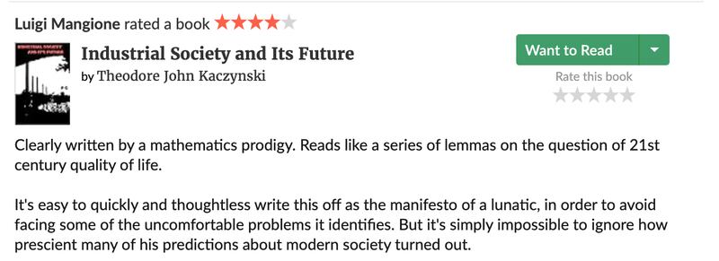 Luigi Mangione reviewed a book by the infamous Unabomber.