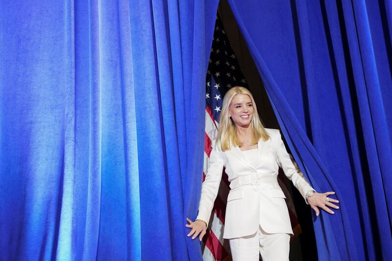U.S. Attorney General Pam Bondi appears on-stage to speak with Department of Justice employees in Washington, D.C. on March 14, 2025.