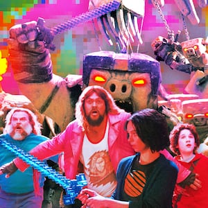 A photo illustration of Jack Black, Jason Momoa, Emma Myers, Sebastian Hansen, and Piglins and Ghasts in A Minecraft movie.