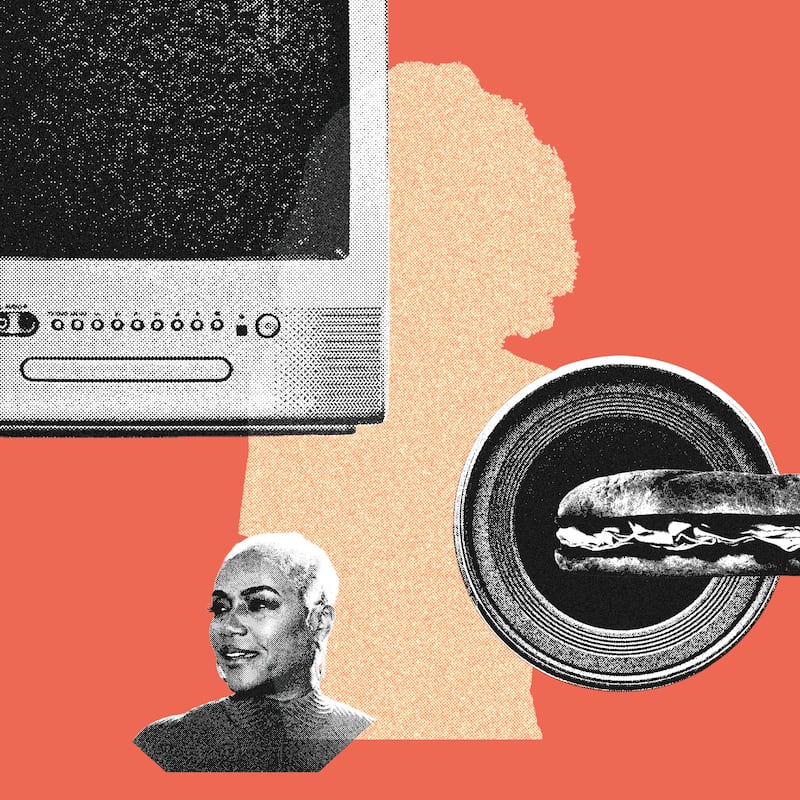 Illustration featuring Tiffany Haddish's face, with a small tv in the background
