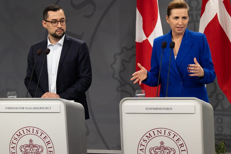Prime Minister Mette Frederiksen (R) and Chair of Naalakkersuisut, Múte Bourup Egede (L) hold a joint press conference in the Mirror Hall at the Prime Minister's Office on January 10, 2025. The Prime Minister of Denmark and the Chairman of the Greenlandic government discuss the current situation with the USA.
