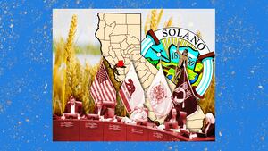 A photo illustration of a map of California and the Solano County seal, a Solano County Board of Supervisors meeting, and a farm field background.