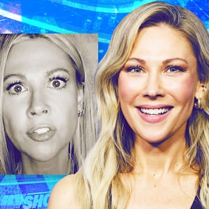 A photo illustration of images of Desi Lydic and The Daily Show set.