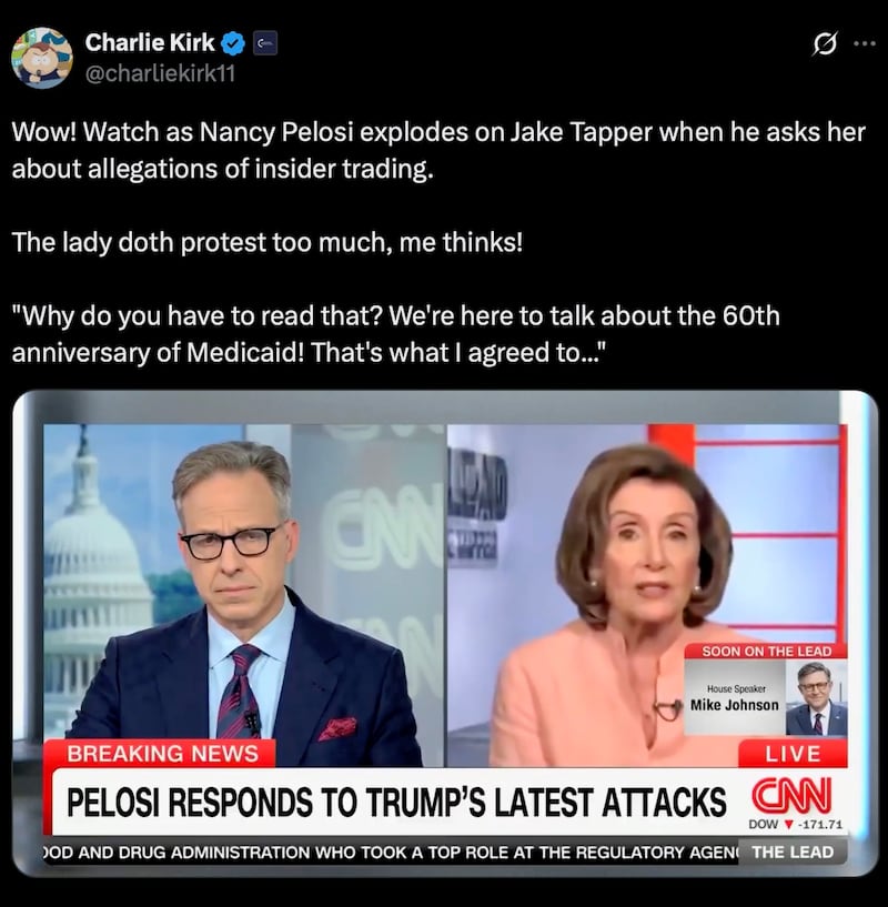 Charlie Kirk posts about Nancy Pelosi.