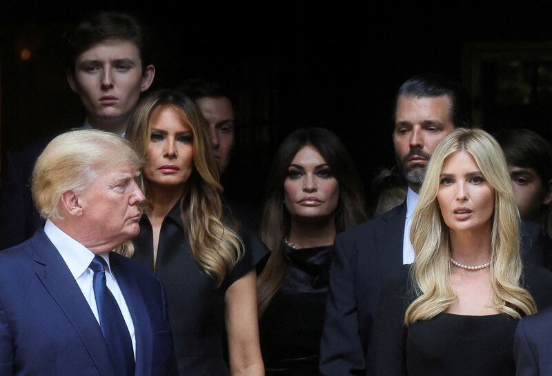 Former U.S. President Donald Trump, his wife Melania, Kimberly Guilfoyle, his sons Barron and Donald Jr. and his daughter Ivanka leave St. Vincent Ferrer Church during the funeral of Ivana Trump, in New York City, U.S., July 20, 2022.