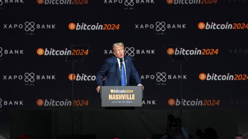 Republican presidential nominee and former U.S. President Donald Trump speaks at the Bitcoin 2024 event in Nashville, Tennessee, U.S., July 27, 2024.