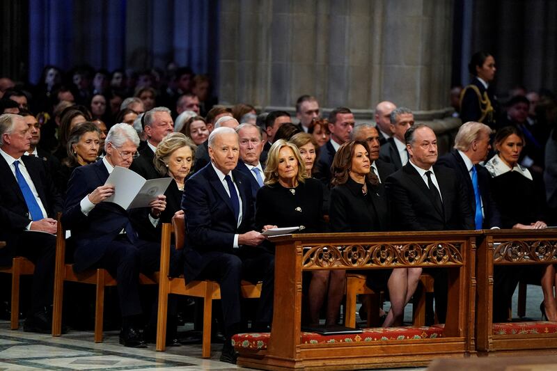 U.S. President Joe Biden, U.S. Vice President Kamala Harris, former U.S. President Barack Obama, former U.S. President  Bill Clinton, former U.S. President George W. Bush and U.S. President-elect Donald Trump attend a service, on the day of the State Funeral for former U.S. President Jimmy Carter at the Washington National Cathedral in Washington, U.S., January 9, 2025. REUTERS/Elizabeth Frantz
