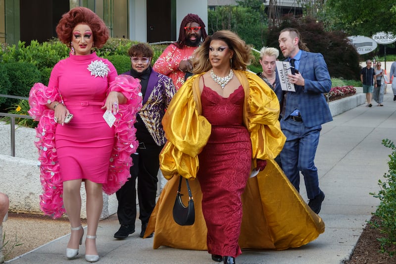 WASHINGTON, DC - JUNE 11: Guests, including several drag queens walk to the Kennedy Center to attend the opening performance of Les Misérables on June 11, 2025 in Washington, DC. U.S. President Donald Trump and First Lady Melania Trump attended the musical. (Photo by Kevin Carter/Getty Images)