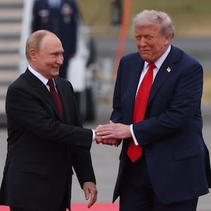 U.S. President Donald Trump welcomes Russian President Vladimir Putin to Joint Base Elmendorf-Richardson on August 15, 2025 in Anchorage, Alaska.