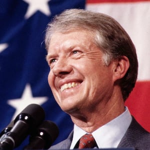 Closeup of President Jimmy Carter addressing a town hall meeting.