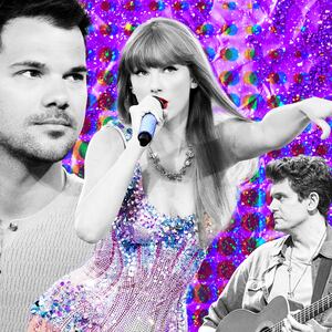 An illustration of Taylor Lautner, Taylor Swift singing, and John Mayer.