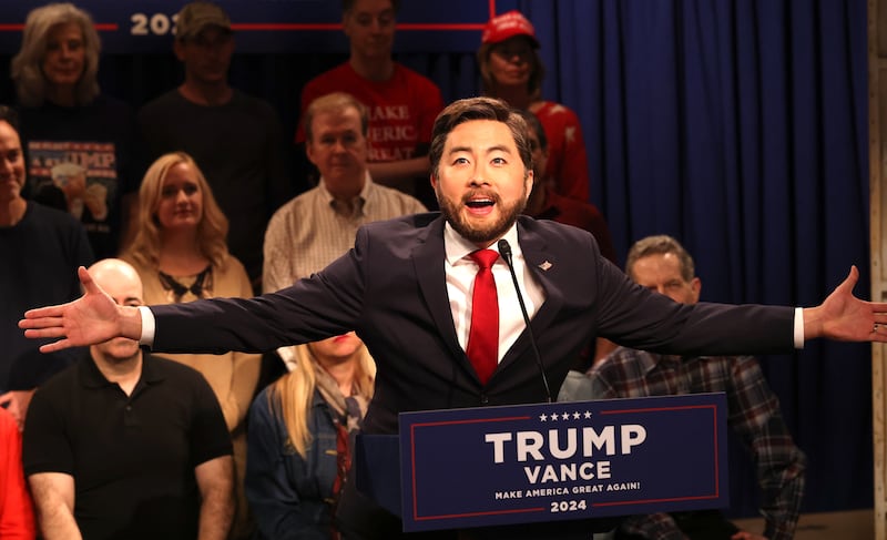 SATURDAY NIGHT LIVE -- Episode 1869 -- Pictured: Bowen Yang as JD Vance during the "Pre-Election" Cold Open on Saturday, November 2, 2024 -- (Photo by: Will Heath/NBC via Getty Images)