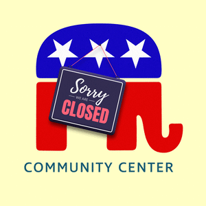 An animated gif of a closed sign swinging on the GOP elephant symbol.