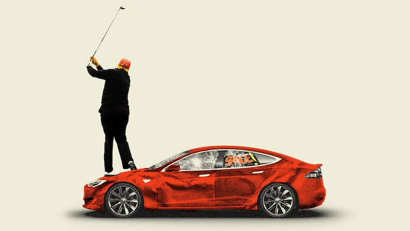 Donald Trump golfing standing on top of a damaged red tesla model s car