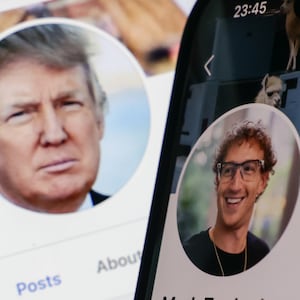 Donald Trump Facebook account displayed on a laptop screen and Mark Zuckerberg account.