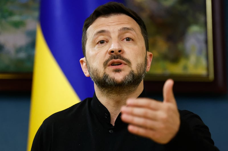Ukraine's President Volodymyr Zelensky speaks during a press briefing following phone calls with Donald Trump