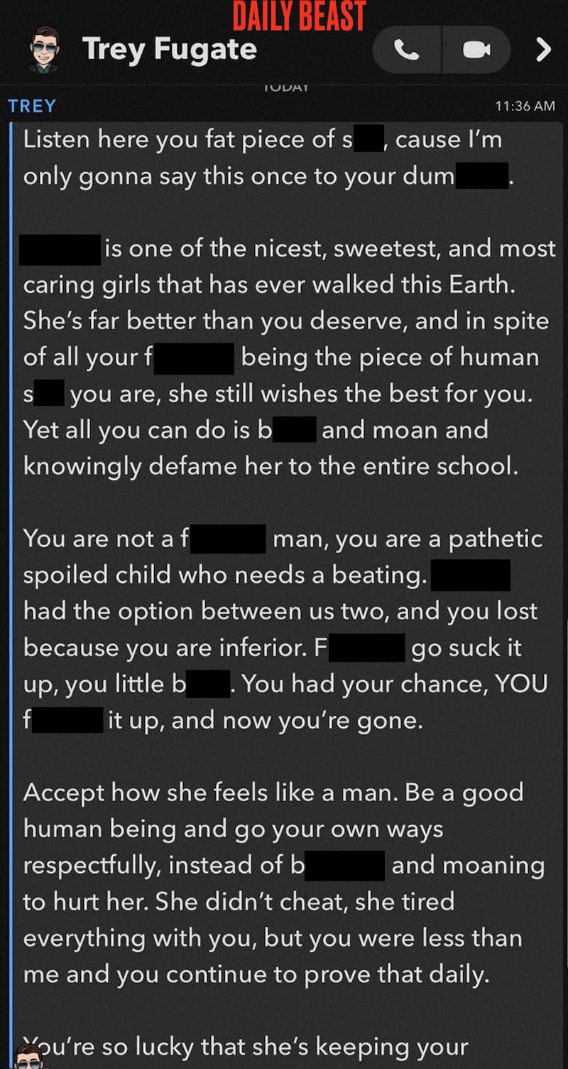 A screenshot of a message Thomas Fugate, Trump's 22-year-old terrorism chief, sent to a child in a row over a girl.