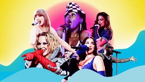 A photo illustration of Taylor Swift, Peso Pluma, Dua Lipa, Anitta, Kylie Minogue, Burna Boy and Janelle Monae.