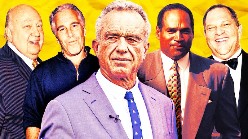 A photo illustration of Roger Ailes, Jeffrey Eisptein, RFK Jr., OJ Simpson, and Harvey Weinstein.