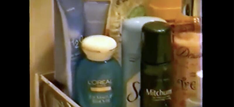 Toiletries are displayed on a countertop in a bathroom in Jeffrey Epstein's Palm Beach mansion.