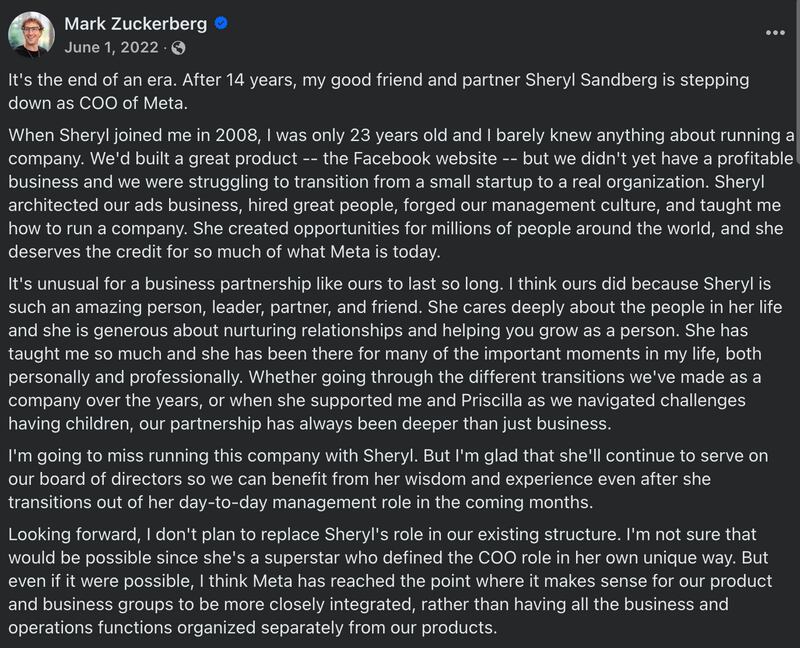 The front portion of Mark Zuckerberg’s post after Sheryl Sandberg stepped down as Facebook’s COO in 2022.