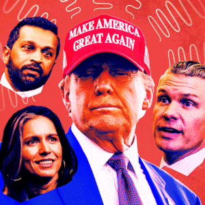 An animated GIF of Kash Patel, Tulsi Gabbard, Donald Trump, and Pete Hegseth.