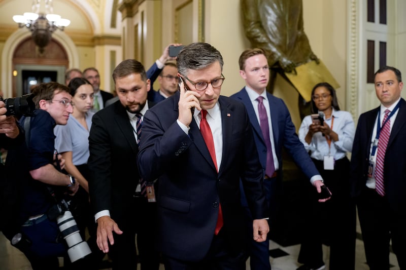 House Speaker Mike Johnson walks to his office at the U.S. Capitol on July 02, 2025  as he works to gather enough support to begin debate on Trump's sweeping tax and spending bill passed by the Senate on Tuesday.
