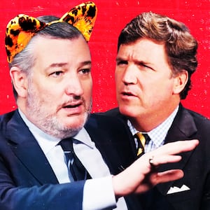 A photo illustration of Sen. Ted Cruz wearing cat ears and Tucker Carlson during an interview.