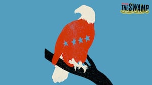 Red and white bald eagle with blue stars across it's chest on a blue background